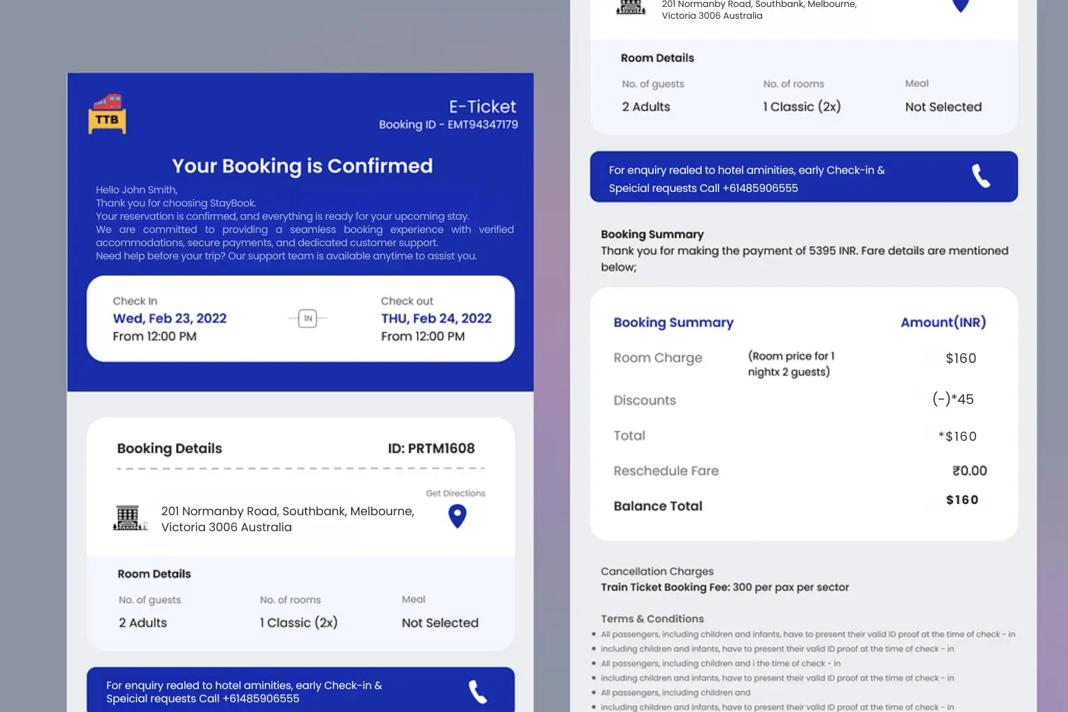 Detailed a booking confirmation email for a travel booking platform