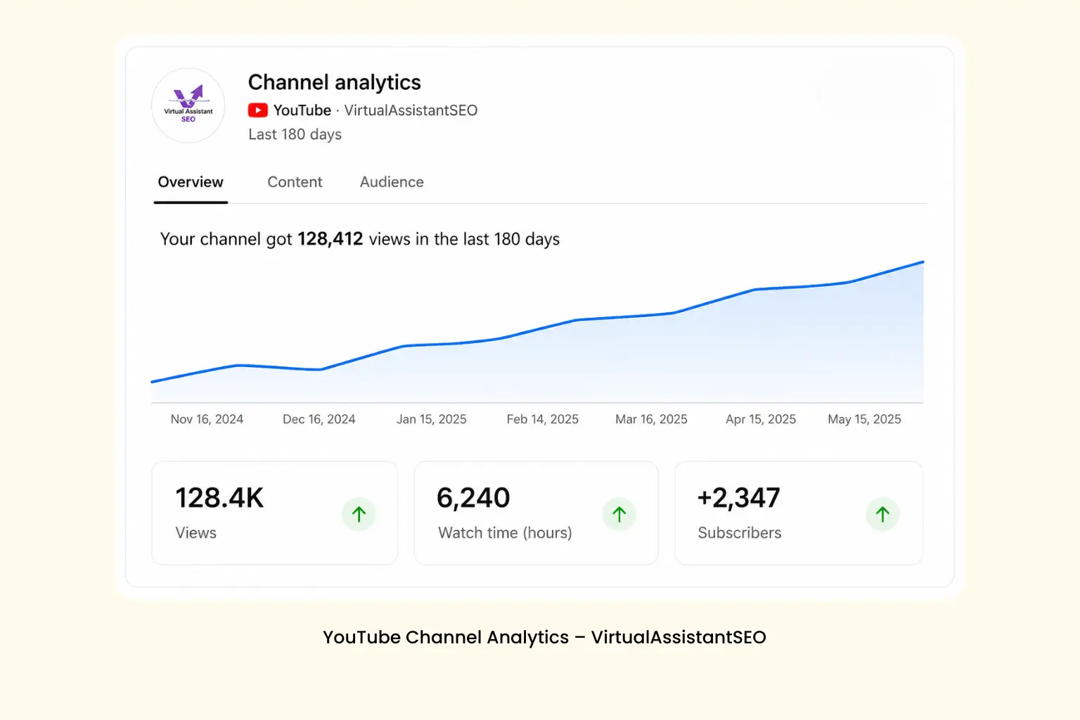 Reported YouTube channel growth for an SEO service provider