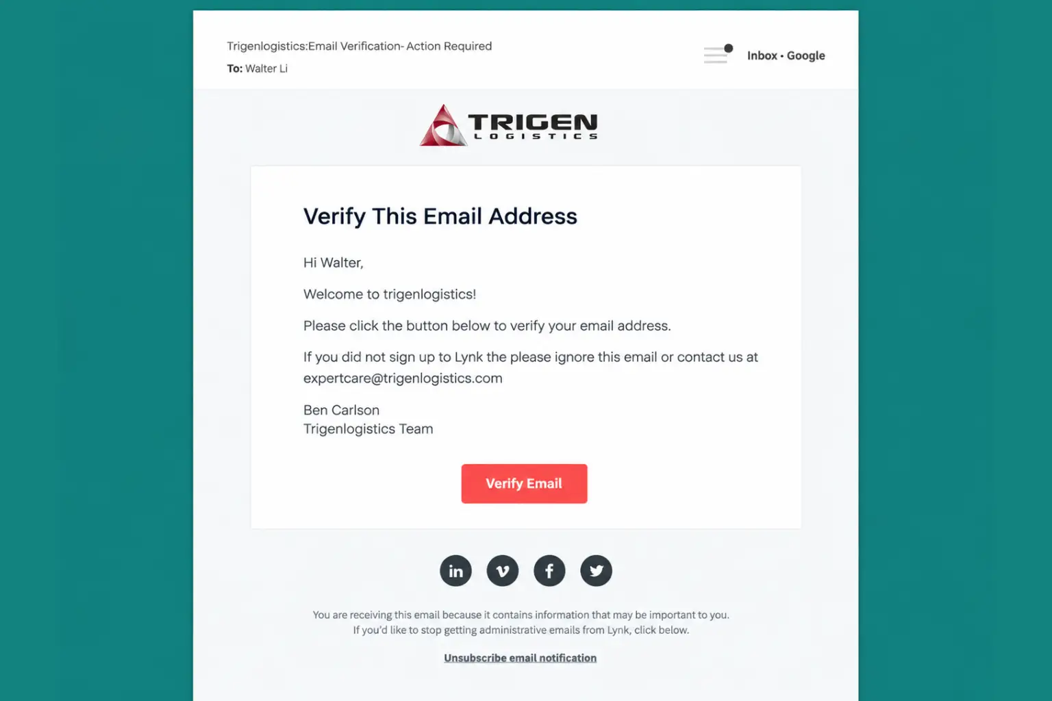 Built a smooth verification email for a logistics company
