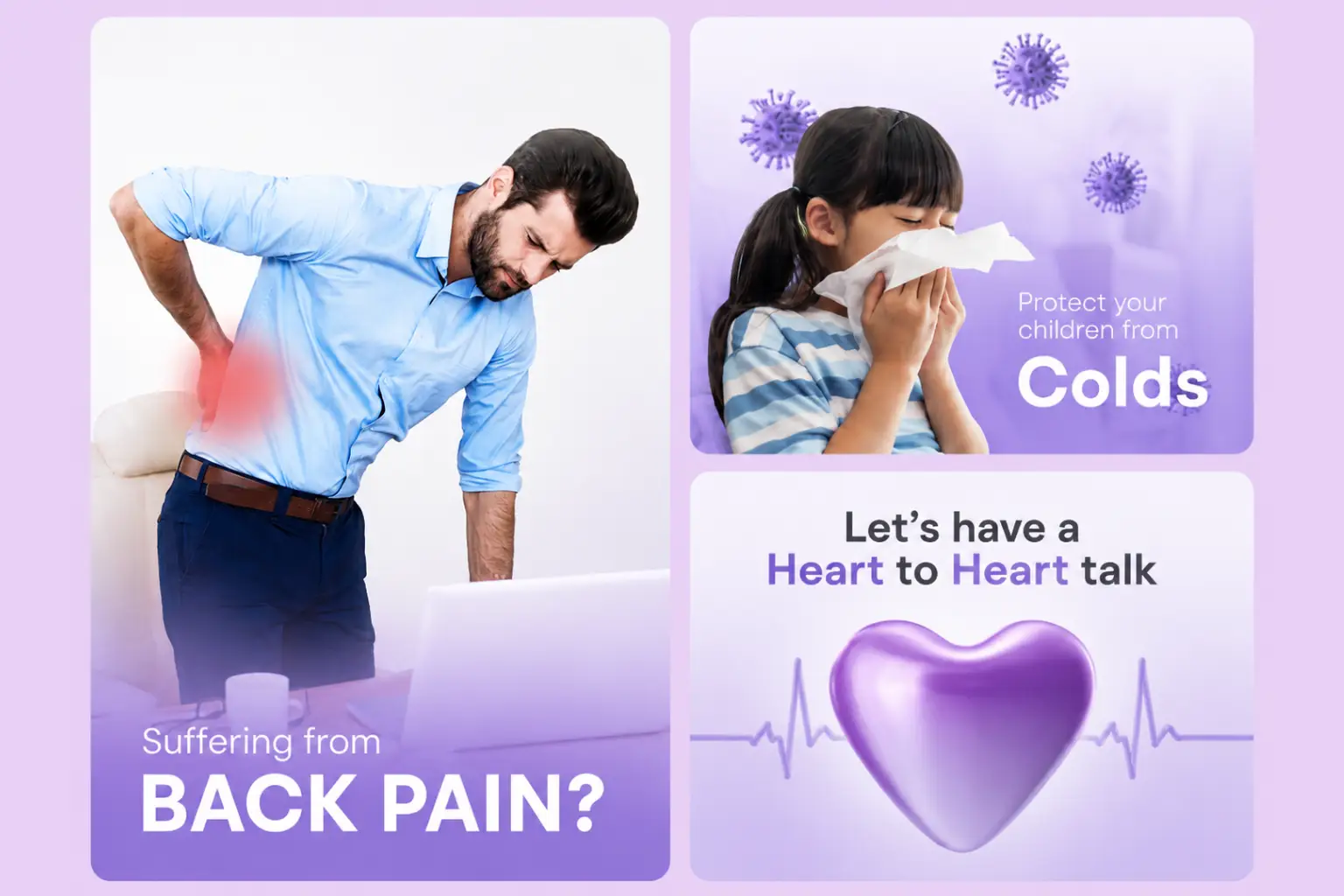 Crafted awareness posts on common conditions for a health & wellness brand